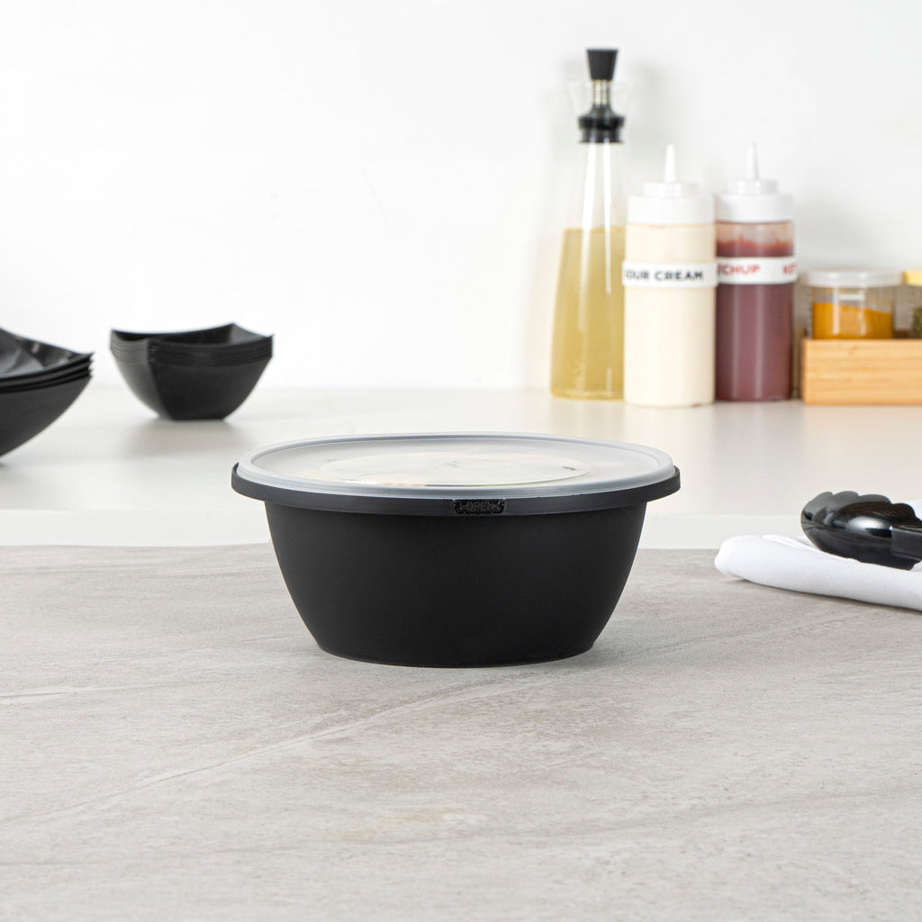 Cater Tek 51 oz Round Black Plastic Catering / Serving Bowl - with Clear Lid, Microwavable - 8" x 8" x 3 1/2" - 100 count box