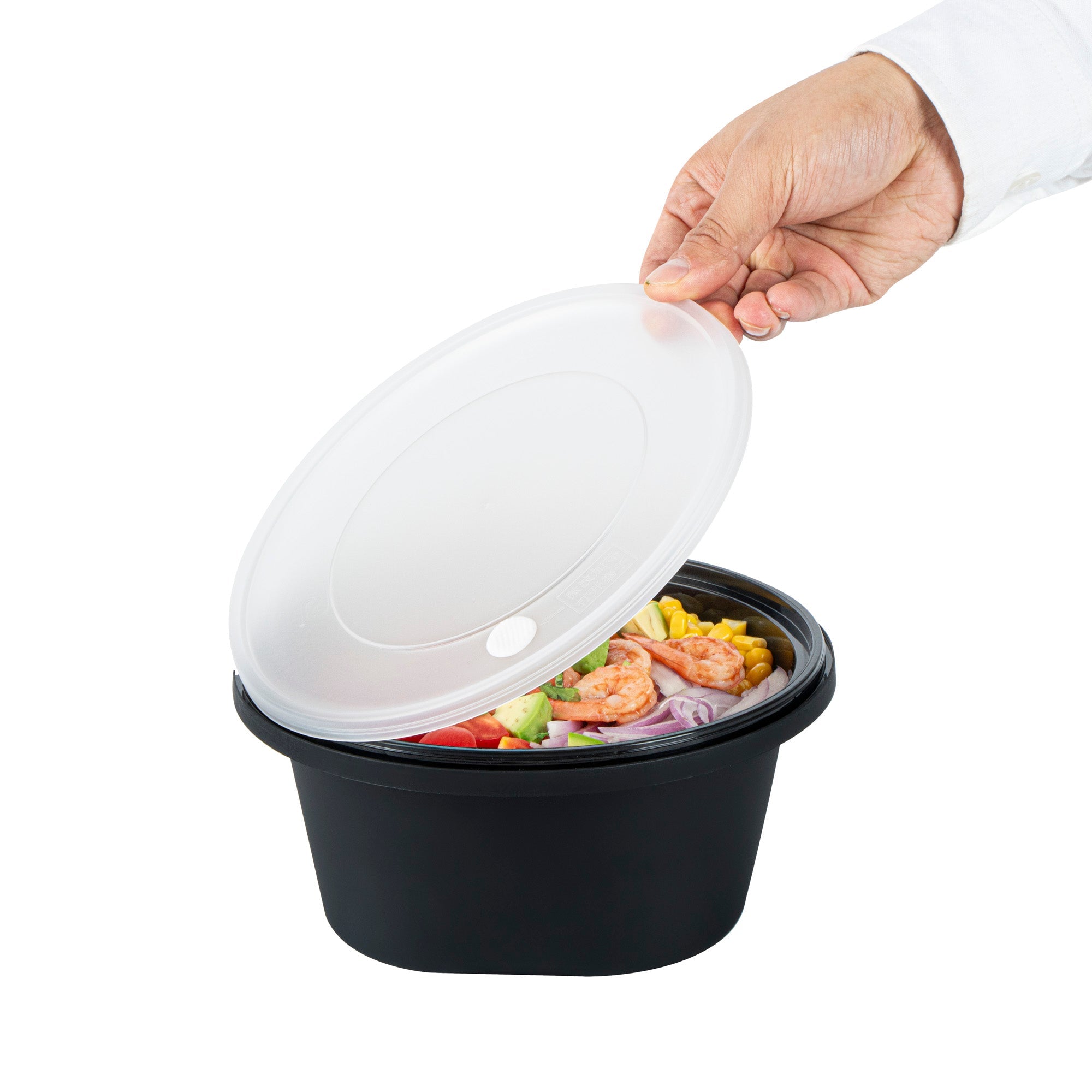 Cater Tek 59 oz Round Black Plastic Catering / Serving Bowl - with Clear Lid, Microwavable - 8" x 8" x 3 3/4" - 25 count box