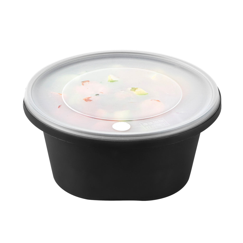 Cater Tek 59 oz Round Black Plastic Catering / Serving Bowl - with Clear Lid, Microwavable - 8" x 8" x 3 3/4" - 25 count box