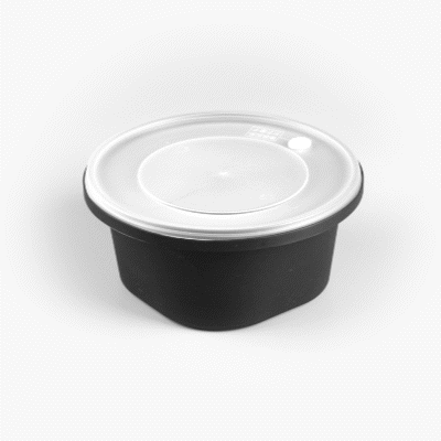 Cater Tek 59 oz Round Black Plastic Catering / Serving Bowl - with Clear Lid, Microwavable - 8" x 8" x 3 3/4" - 25 count box