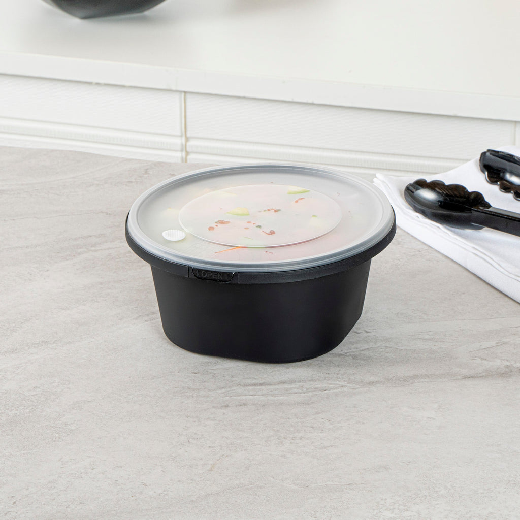 Cater Tek 59 oz Round Black Plastic Catering / Serving Bowl - with Clear Lid, Microwavable - 8" x 8" x 3 3/4" - 25 count box