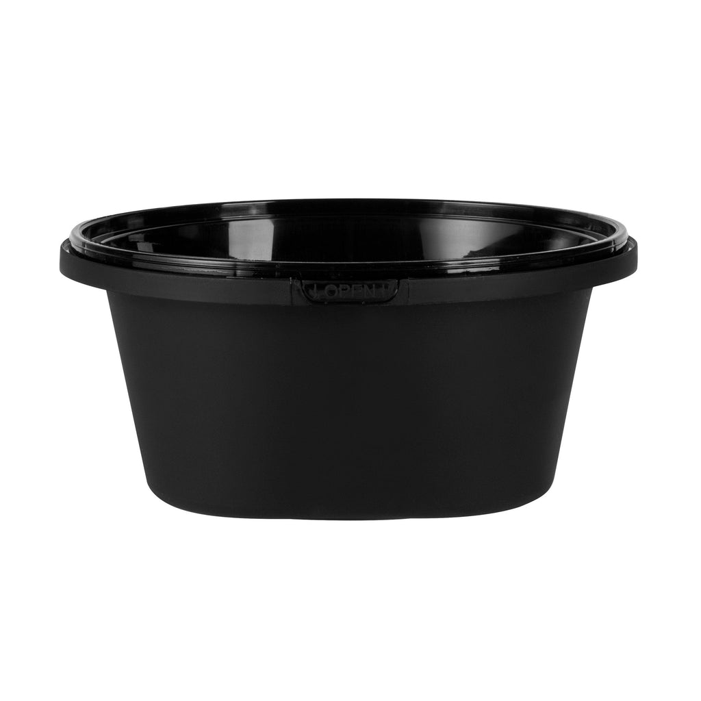 Cater Tek 59 oz Round Black Plastic Catering / Serving Bowl - with Clear Lid, Microwavable - 8" x 8" x 3 3/4" - 100 count box