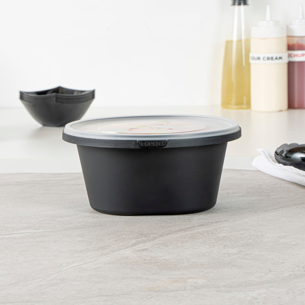 Cater Tek 59 oz Round Black Plastic Catering / Serving Bowl - with Clear Lid, Microwavable - 8" x 8" x 3 3/4" - 100 count box