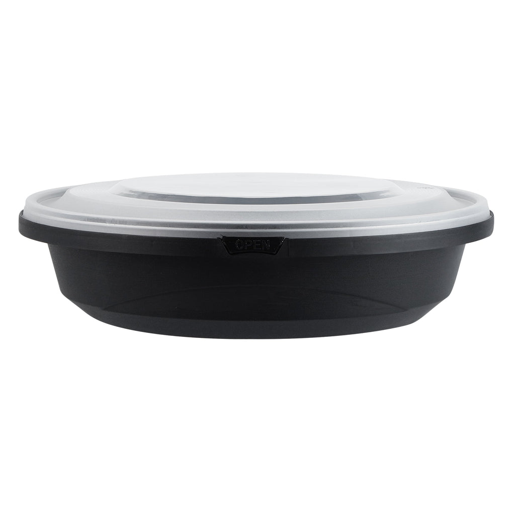 Cater Tek 51 oz Round Black Plastic Catering / Serving Bowl - with Clear Lid, Microwavable - 9 1/4" x 9 1/4" x 3" - 25 count box
