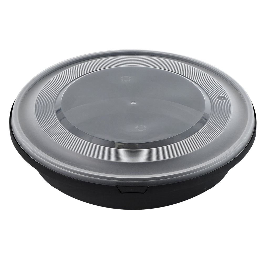 Cater Tek 51 oz Round Black Plastic Catering / Serving Bowl - with Clear Lid, Microwavable - 9 1/4" x 9 1/4" x 3" - 25 count box