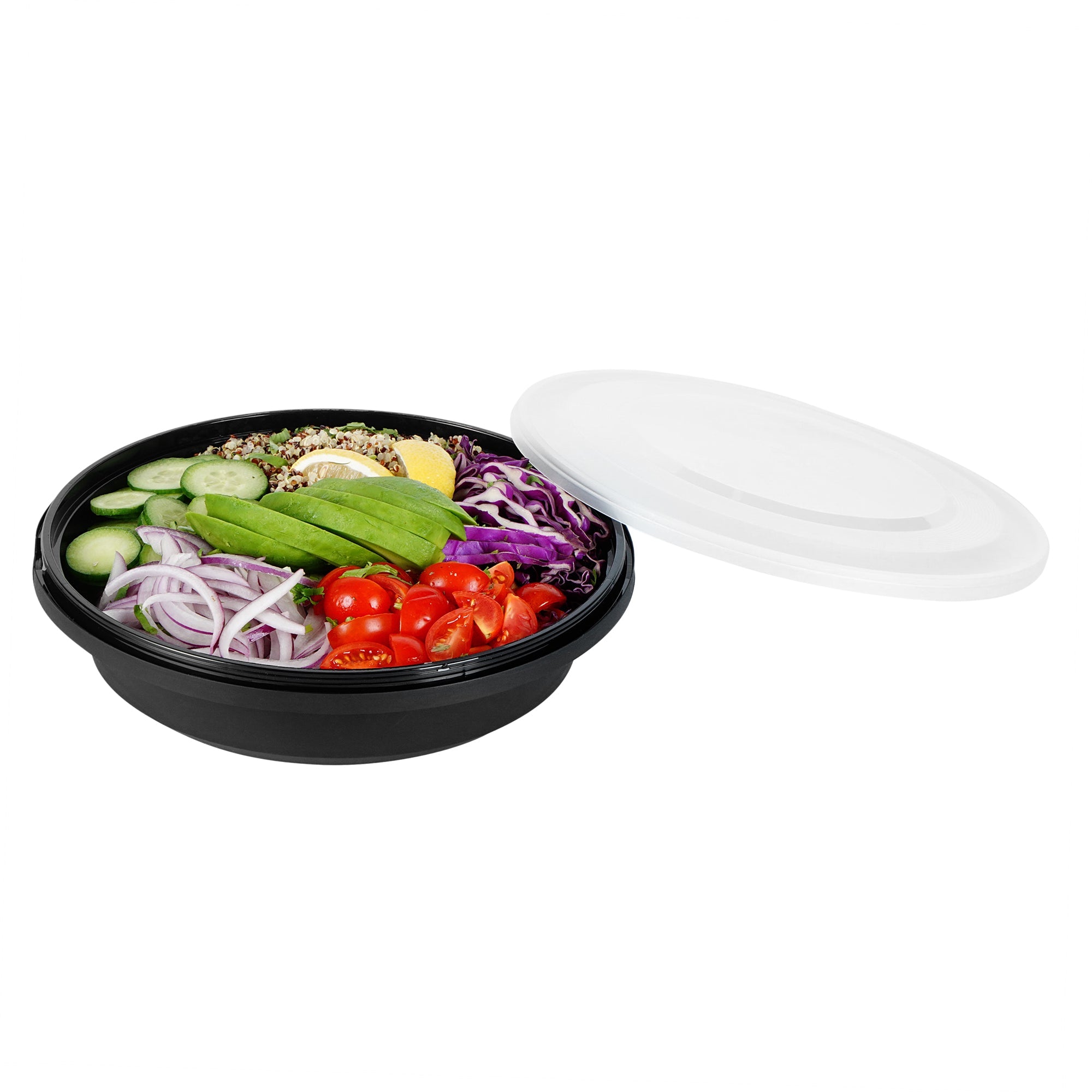 Cater Tek 51 oz Round Black Plastic Catering / Serving Bowl - with Clear Lid, Microwavable - 9 1/4" x 9 1/4" x 3" - 25 count box