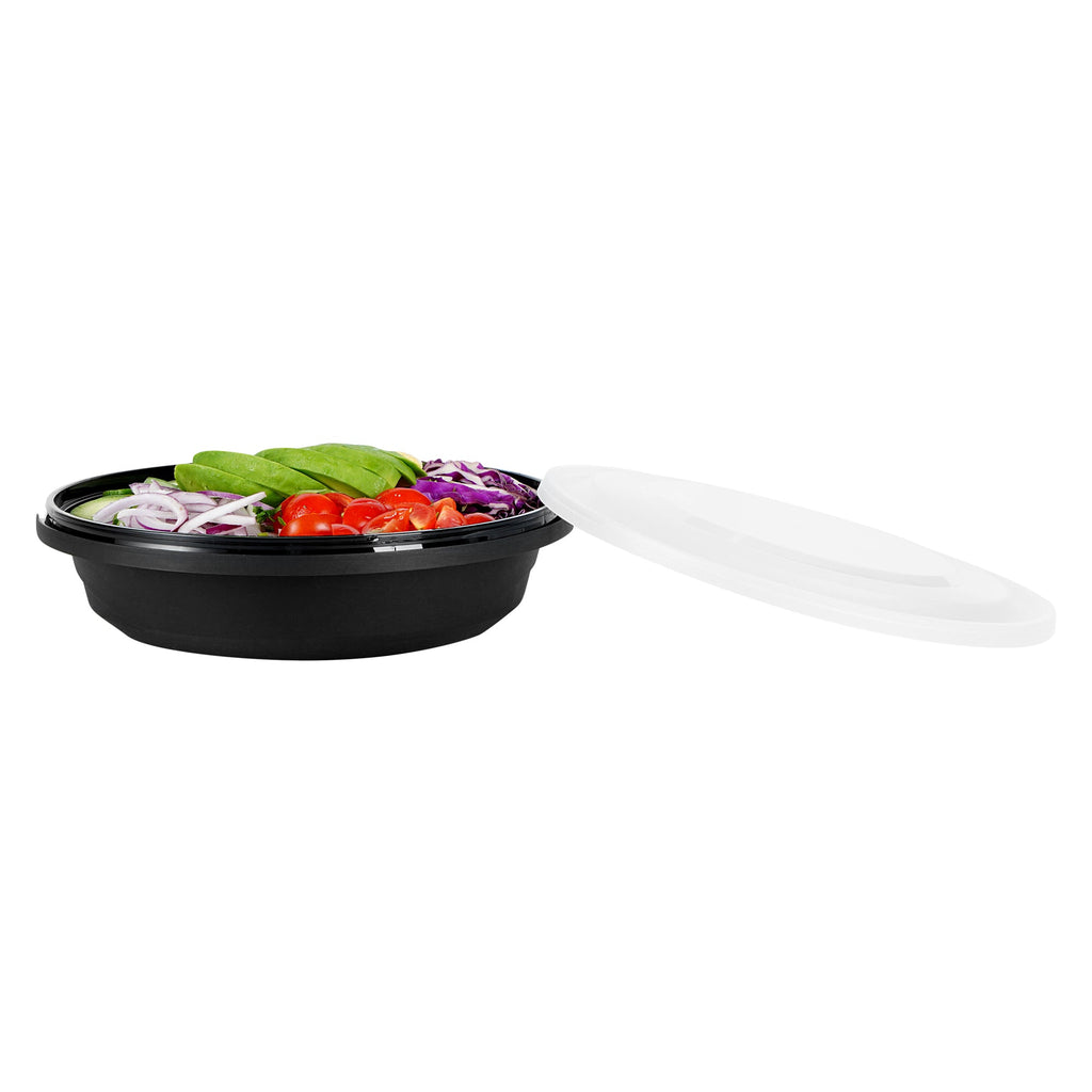 Cater Tek 51 oz Round Black Plastic Catering / Serving Bowl - with Clear Lid, Microwavable - 9 1/4" x 9 1/4" x 3" - 25 count box