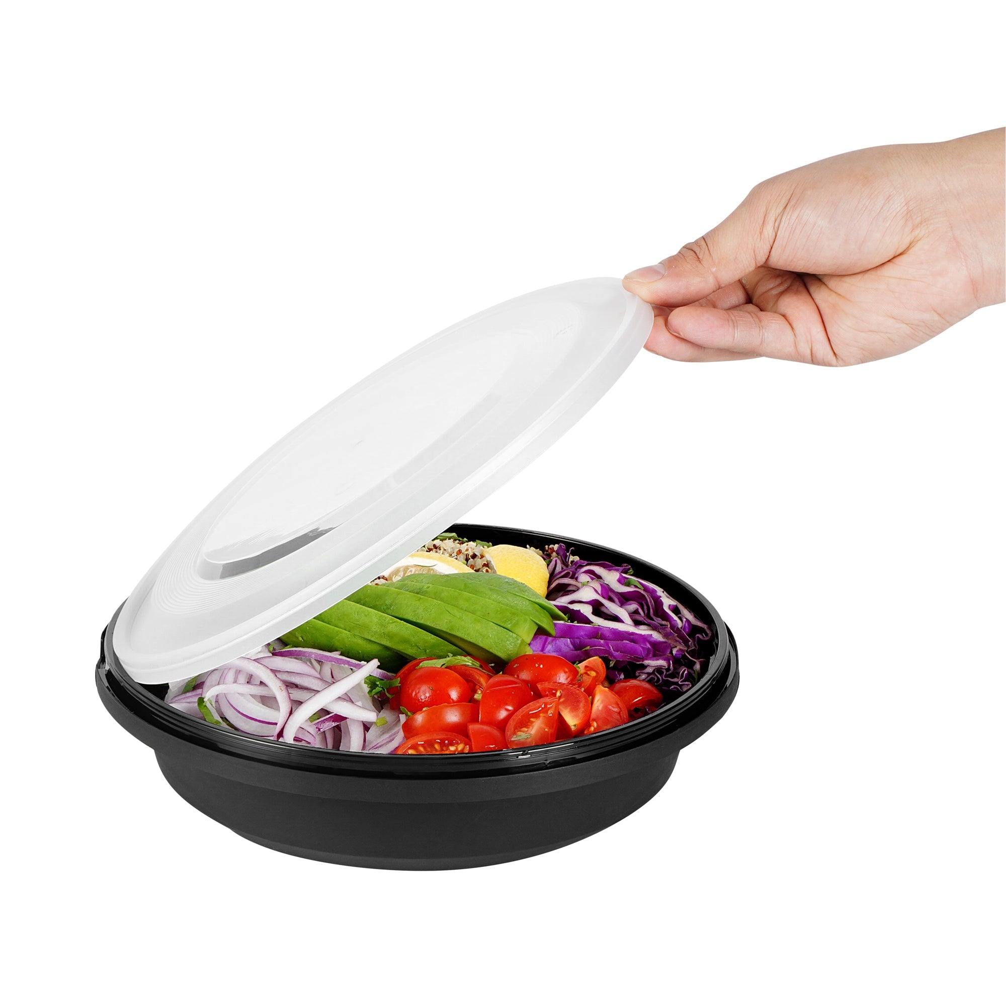 Cater Tek 51 oz Round Black Plastic Catering / Serving Bowl - with Clear Lid, Microwavable - 9 1/4" x 9 1/4" x 3" - 25 count box