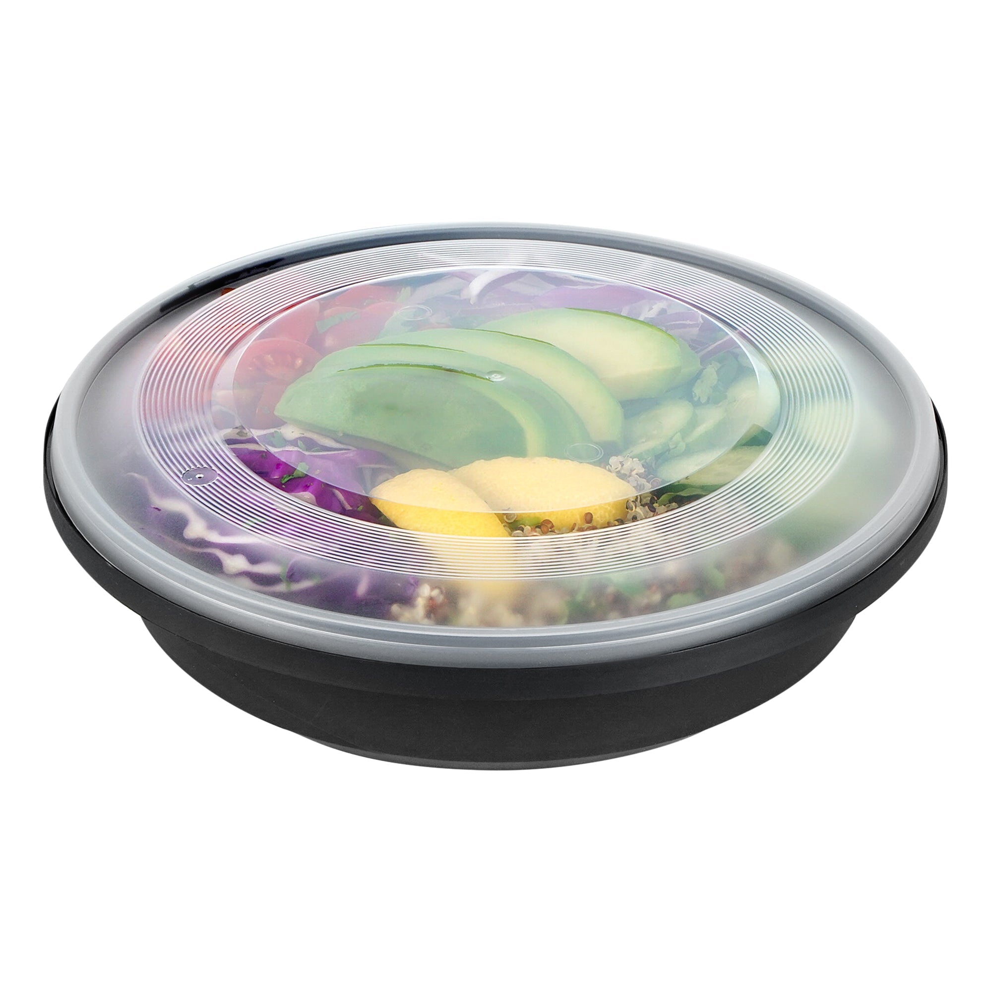 Cater Tek 51 oz Round Black Plastic Catering / Serving Bowl - with Clear Lid, Microwavable - 9 1/4" x 9 1/4" x 3" - 100 count box