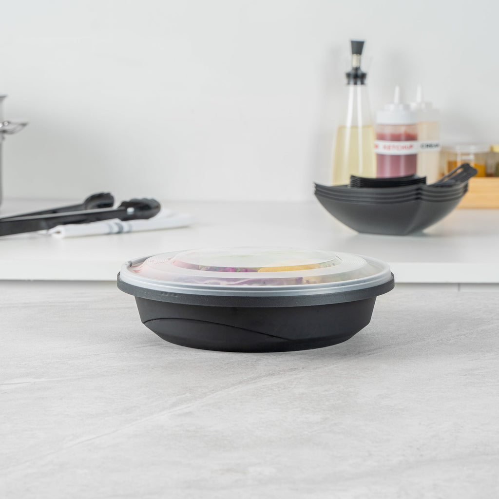 Cater Tek 51 oz Round Black Plastic Catering / Serving Bowl - with Clear Lid, Microwavable - 9 1/4" x 9 1/4" x 3" - 100 count box