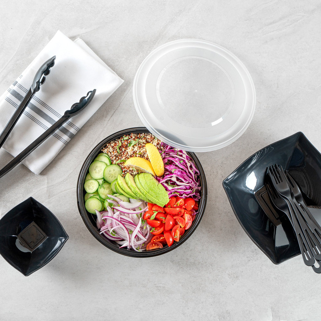 Cater Tek 51 oz Round Black Plastic Catering / Serving Bowl - with Clear Lid, Microwavable - 9 1/4" x 9 1/4" x 3" - 100 count box