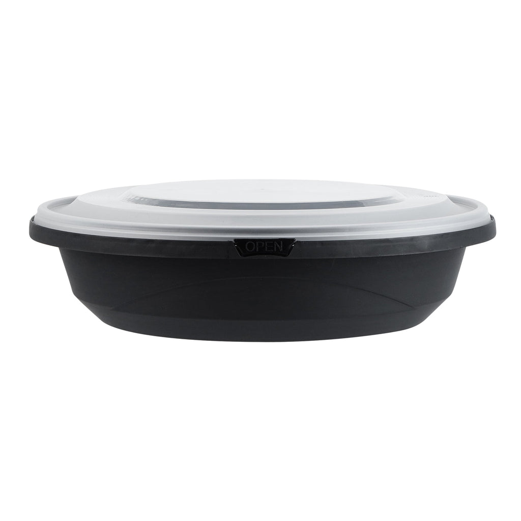 Cater Tek 58 oz Round Black Plastic Catering / Serving Bowl - with Clear Lid, Microwavable - 8" x 8" x 3 3/4" - 25 count box