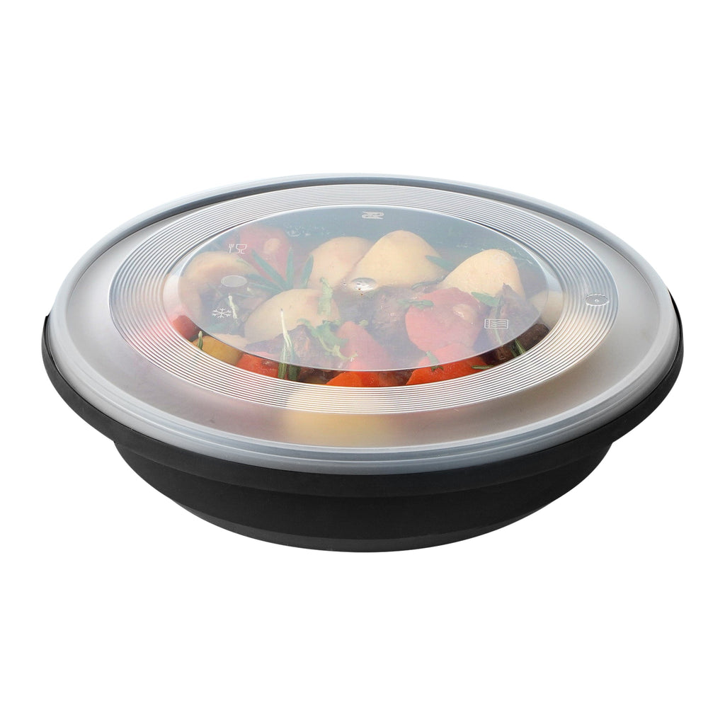 Cater Tek 58 oz Round Black Plastic Catering / Serving Bowl - with Clear Lid, Microwavable - 8" x 8" x 3 3/4" - 25 count box