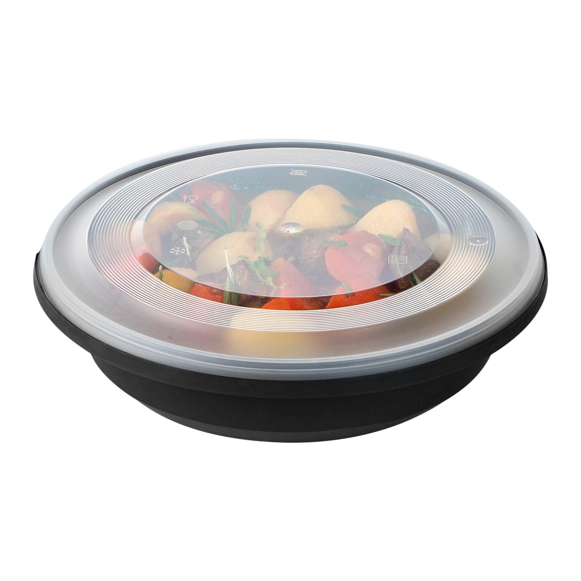 Cater Tek 58 oz Round Black Plastic Catering / Serving Bowl - with Clear Lid, Microwavable - 8" x 8" x 3 3/4" - 25 count box