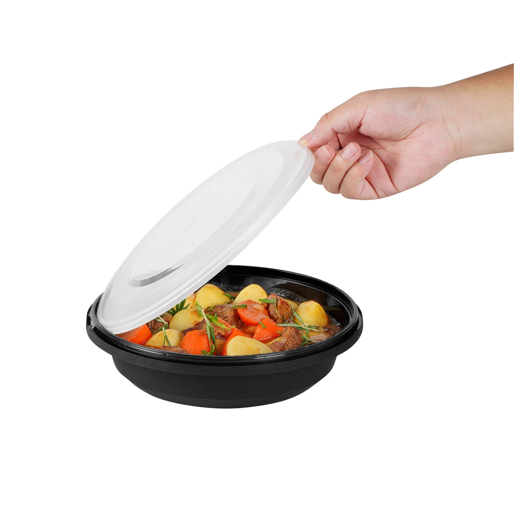 Cater Tek 58 oz Round Black Plastic Catering / Serving Bowl - with Clear Lid, Microwavable - 8" x 8" x 3 3/4" - 25 count box