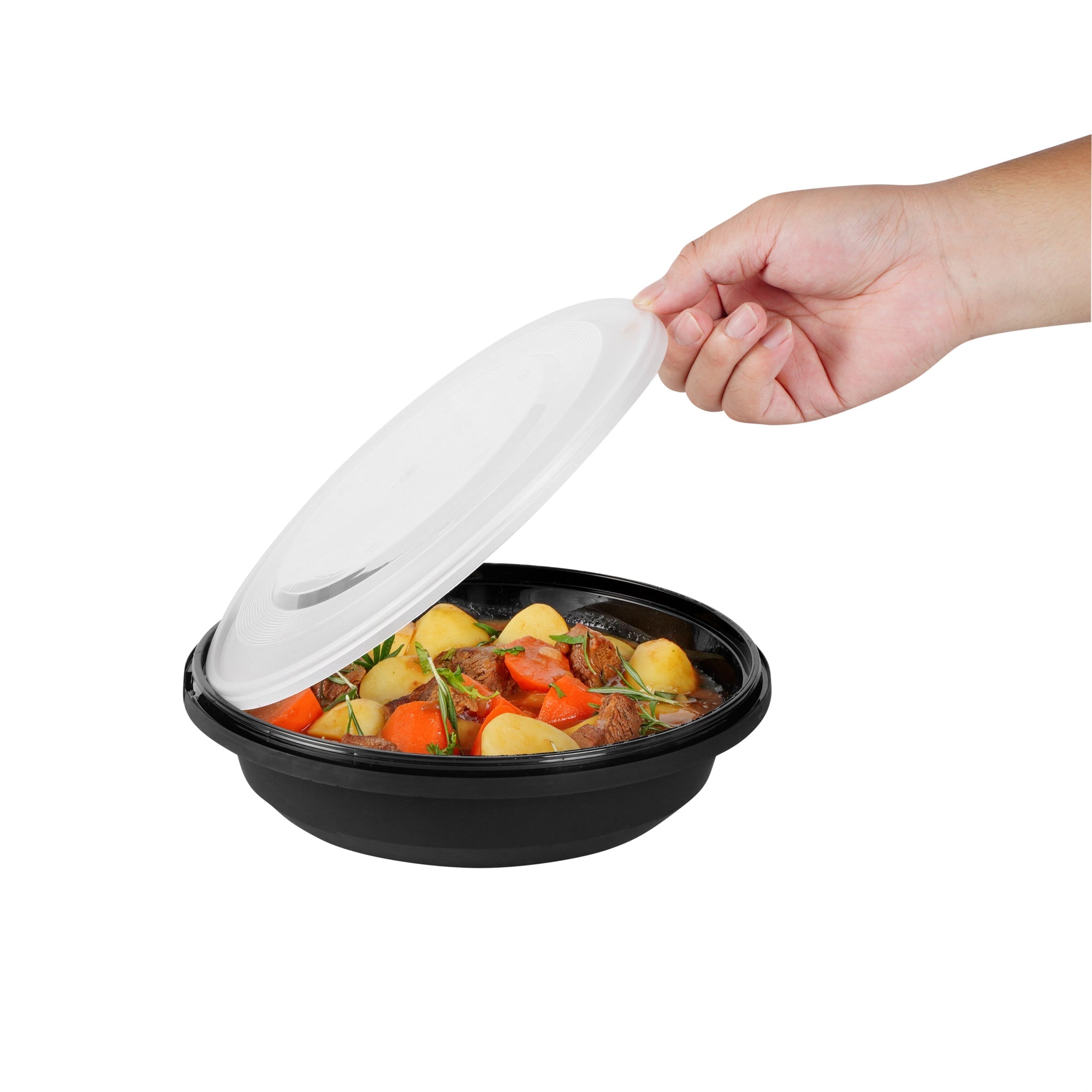 Cater Tek 58 oz Round Black Plastic Catering / Serving Bowl - with Clear Lid, Microwavable - 8" x 8" x 3 3/4" - 25 count box
