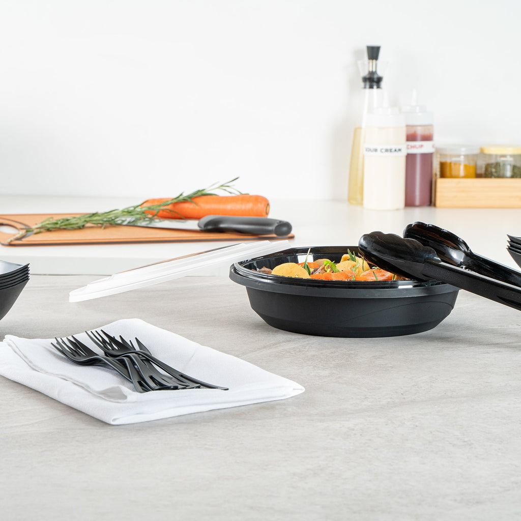 Cater Tek 58 oz Round Black Plastic Catering / Serving Bowl - with Clear Lid, Microwavable - 8" x 8" x 3 3/4" - 25 count box