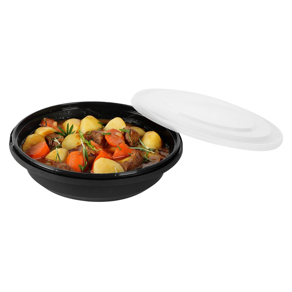 Cater Tek 58 oz Round Black Plastic Catering / Serving Bowl - with Clear Lid, Microwavable - 8" x 8" x 3 3/4" - 100 count box