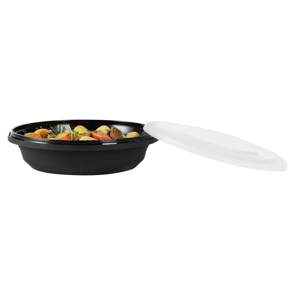 Cater Tek 58 oz Round Black Plastic Catering / Serving Bowl - with Clear Lid, Microwavable - 8" x 8" x 3 3/4" - 100 count box