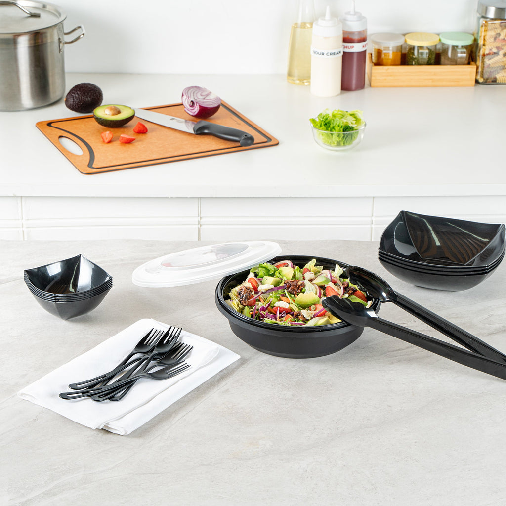 Cater Tek 68 oz Round Black Plastic Catering / Serving Bowl - with Clear Lid, Microwavable - 9 3/4" x 9 3/4" x 3" - 25 count box