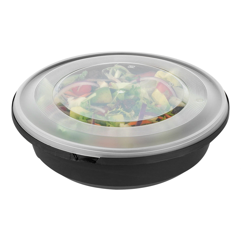 Cater Tek 68 oz Round Black Plastic Catering / Serving Bowl - with Clear Lid, Microwavable - 9 3/4" x 9 3/4" x 3" - 25 count box