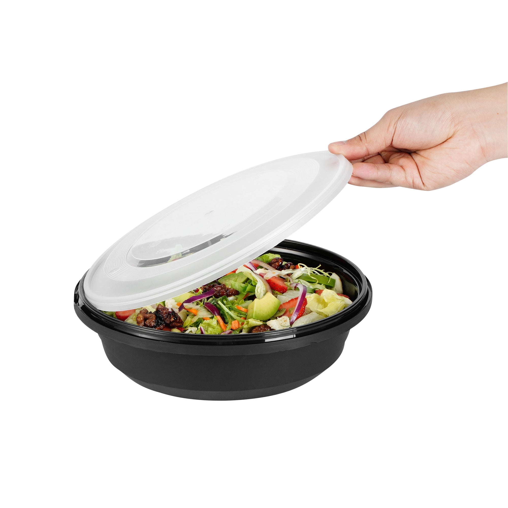 Cater Tek 68 oz Round Black Plastic Catering / Serving Bowl - with Clear Lid, Microwavable - 9 3/4" x 9 3/4" x 3" - 25 count box
