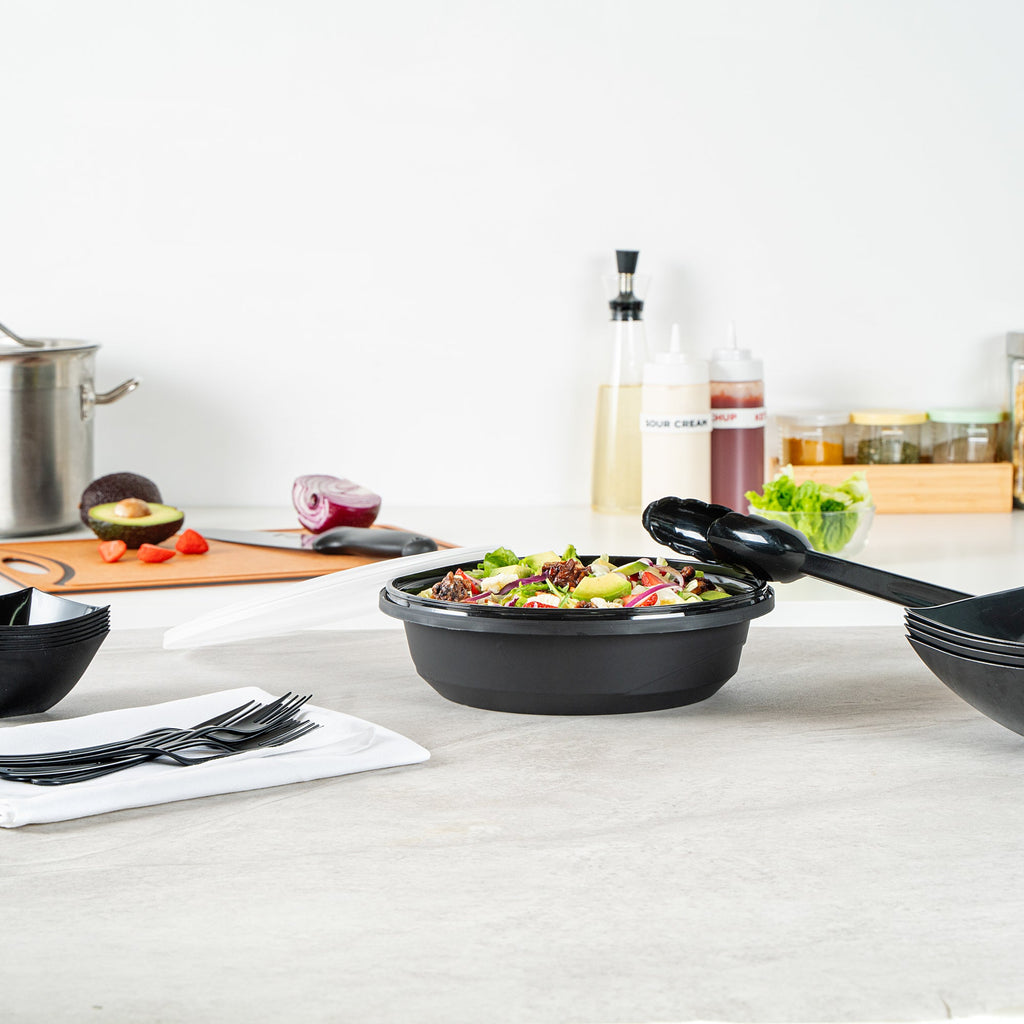 Cater Tek 68 oz Round Black Plastic Catering / Serving Bowl - with Clear Lid, Microwavable - 9 3/4" x 9 3/4" x 3" - 25 count box