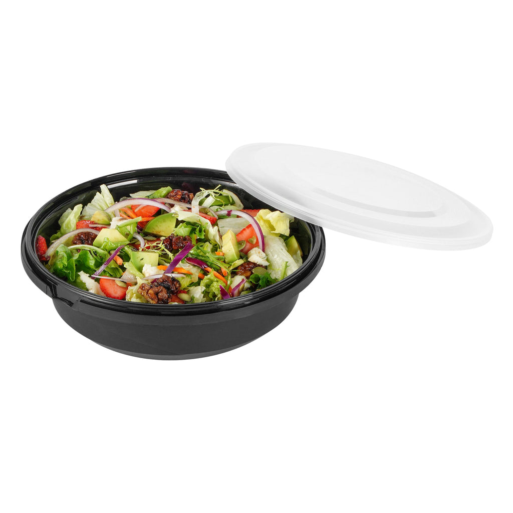Cater Tek 68 oz Round Black Plastic Catering / Serving Bowl - with Clear Lid, Microwavable - 9 3/4" x 9 3/4" x 3" - 100 count box