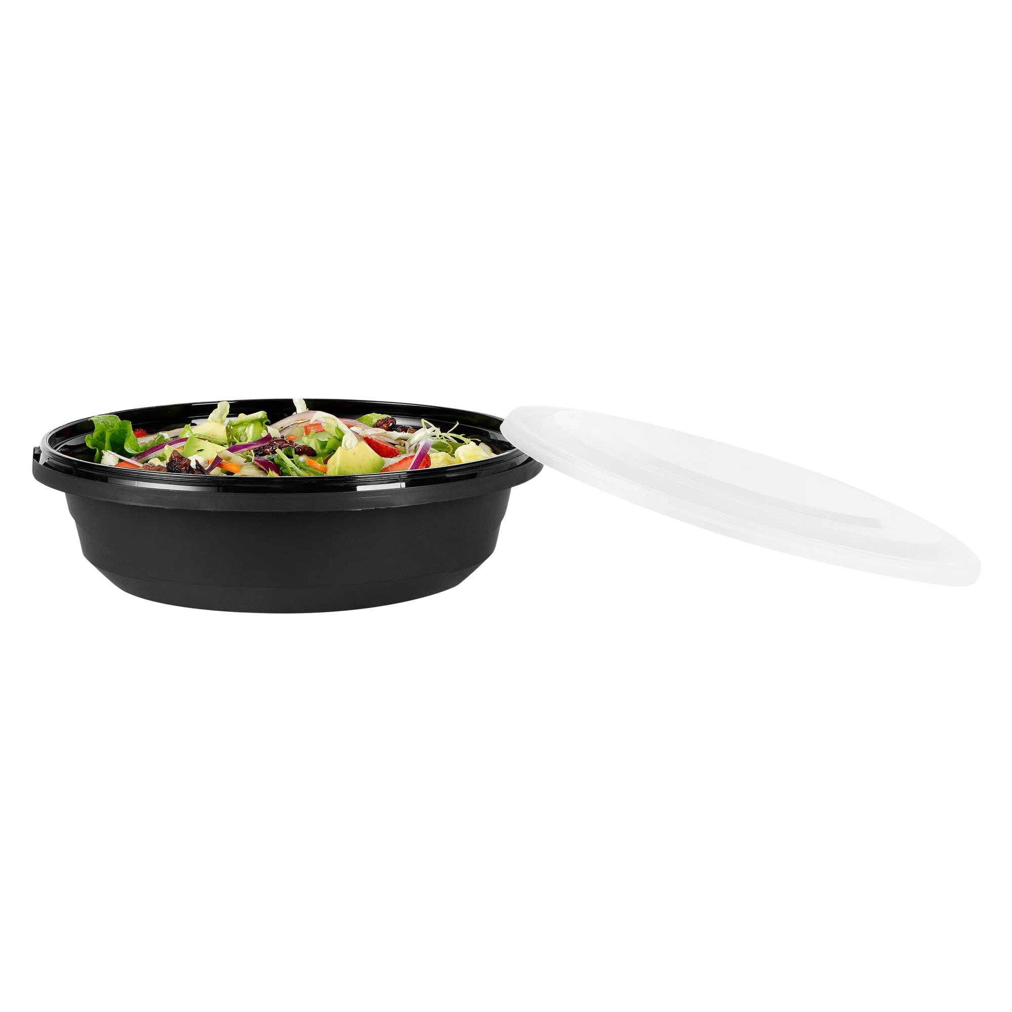 Cater Tek 68 oz Round Black Plastic Catering / Serving Bowl - with Clear Lid, Microwavable - 9 3/4" x 9 3/4" x 3" - 100 count box