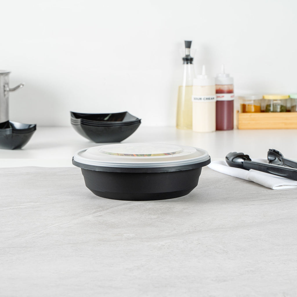 Cater Tek 68 oz Round Black Plastic Catering / Serving Bowl - with Clear Lid, Microwavable - 9 3/4" x 9 3/4" x 3" - 100 count box