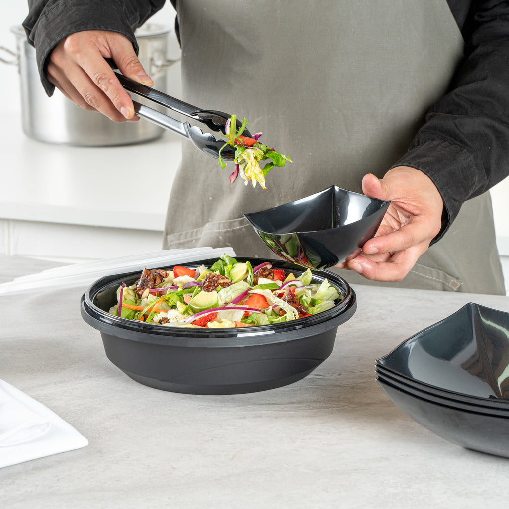 Cater Tek 68 oz Round Black Plastic Catering / Serving Bowl - with Clear Lid, Microwavable - 9 3/4" x 9 3/4" x 3" - 100 count box