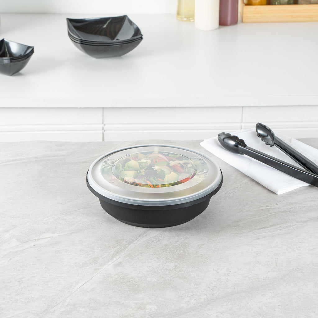 Cater Tek 68 oz Round Black Plastic Catering / Serving Bowl - with Clear Lid, Microwavable - 9 3/4" x 9 3/4" x 3" - 100 count box