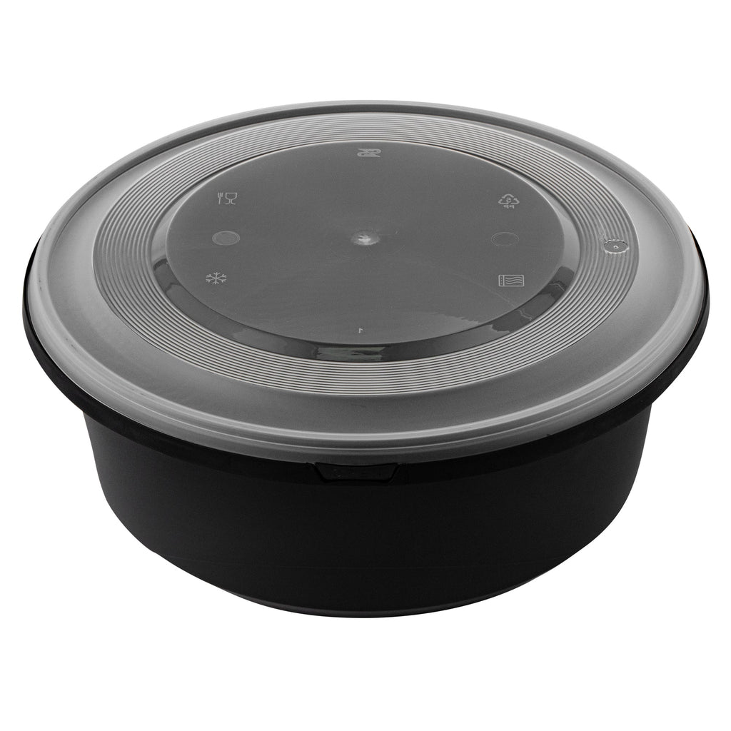 Cater Tek 101 oz Round Black Plastic Catering / Serving Bowl - with Clear Lid, Microwavable - 9 3/4" x 9 3/4" x 4" - 25 count box