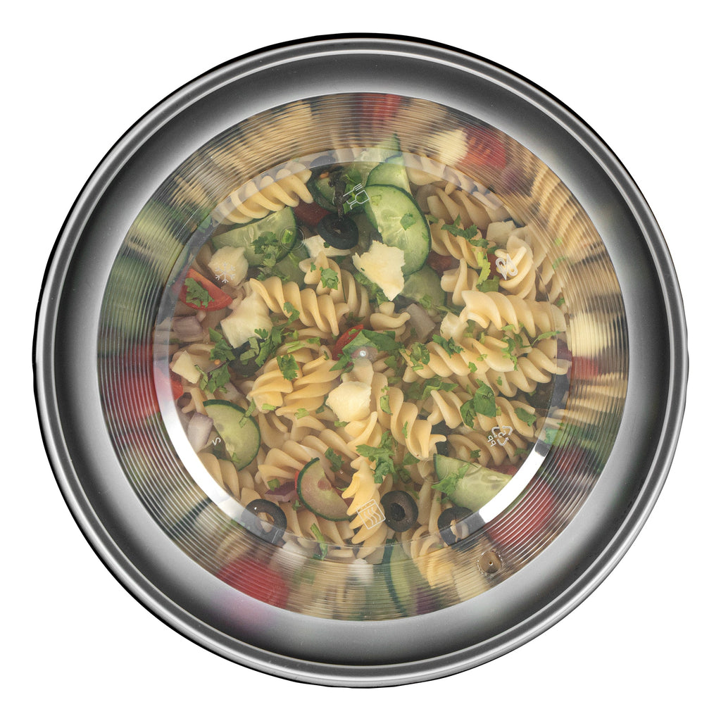 Cater Tek 101 oz Round Black Plastic Catering / Serving Bowl - with Clear Lid, Microwavable - 9 3/4" x 9 3/4" x 4" - 25 count box