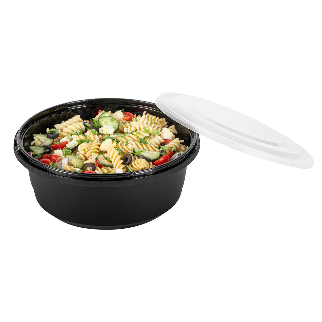 Cater Tek 101 oz Round Black Plastic Catering / Serving Bowl - with Clear Lid, Microwavable - 9 3/4" x 9 3/4" x 4" - 25 count box