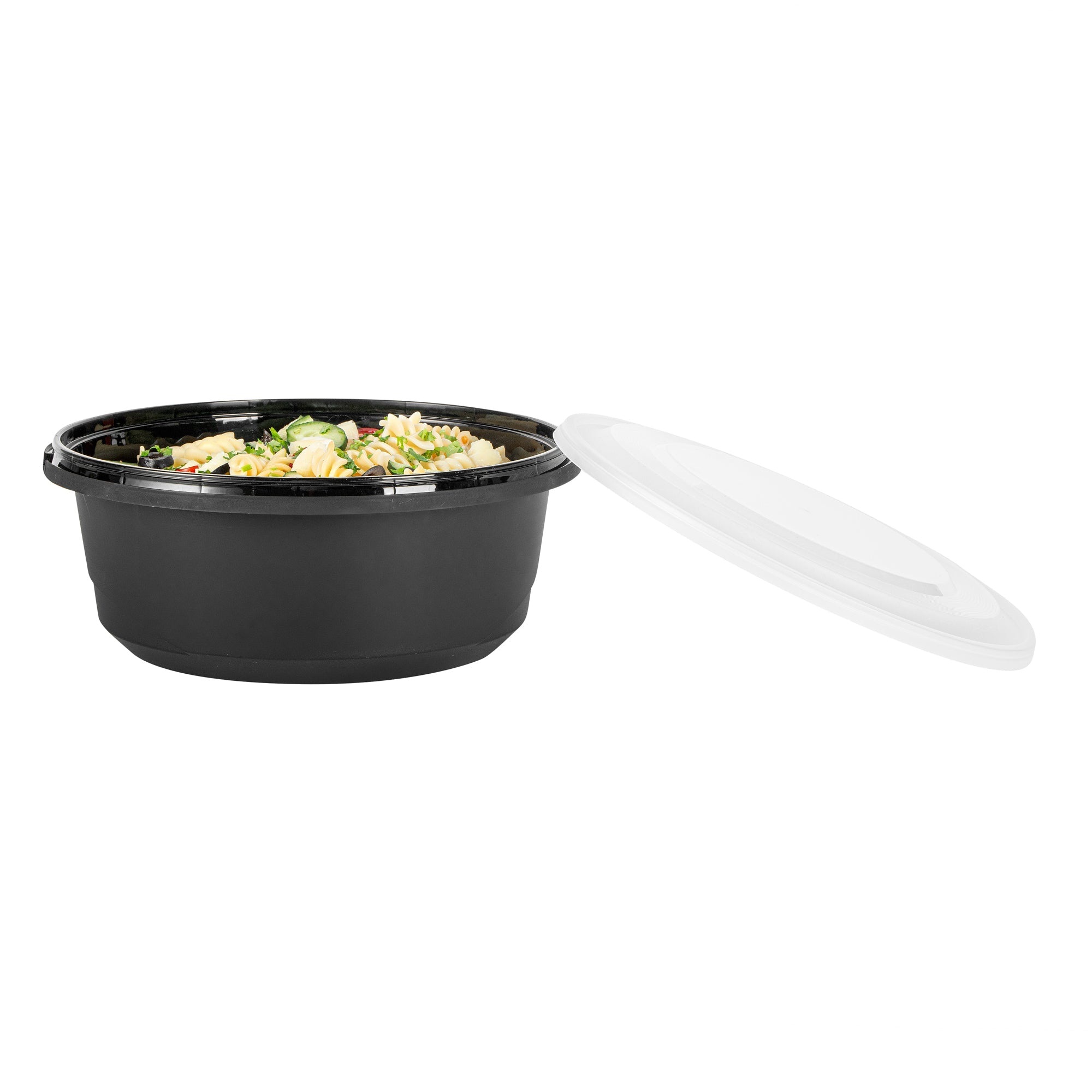 Cater Tek 101 oz Round Black Plastic Catering / Serving Bowl - with Clear Lid, Microwavable - 9 3/4" x 9 3/4" x 4" - 25 count box