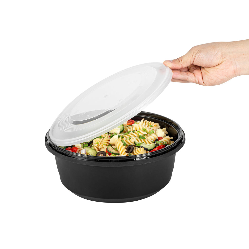 Cater Tek 101 oz Round Black Plastic Catering / Serving Bowl - with Clear Lid, Microwavable - 9 3/4" x 9 3/4" x 4" - 25 count box