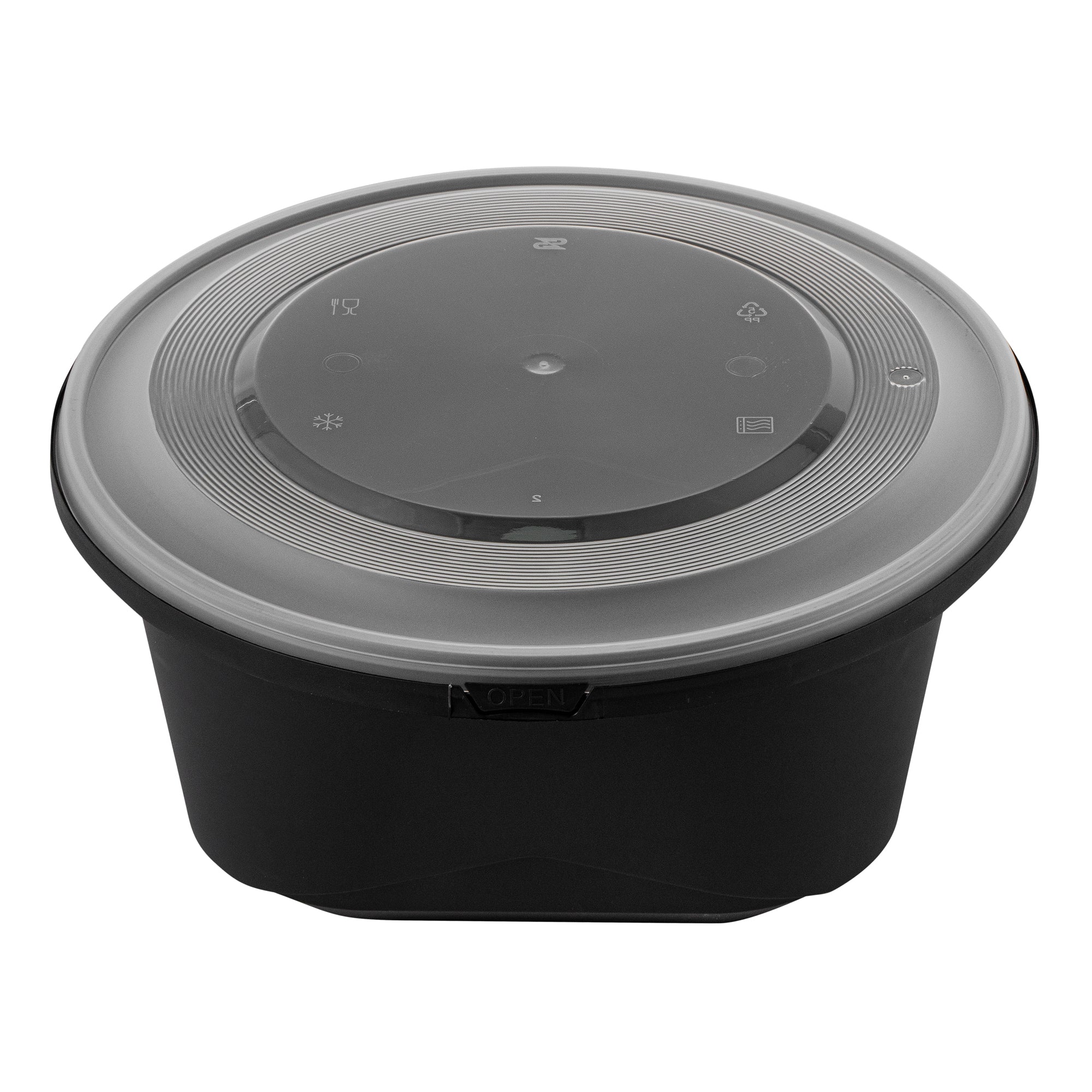 Cater Tek 118 oz Round Black Plastic Catering / Serving Bowl - with Clear Lid, Microwavable - 9 3/4" x 9 3/4" x 4 3/4" - 100 count box