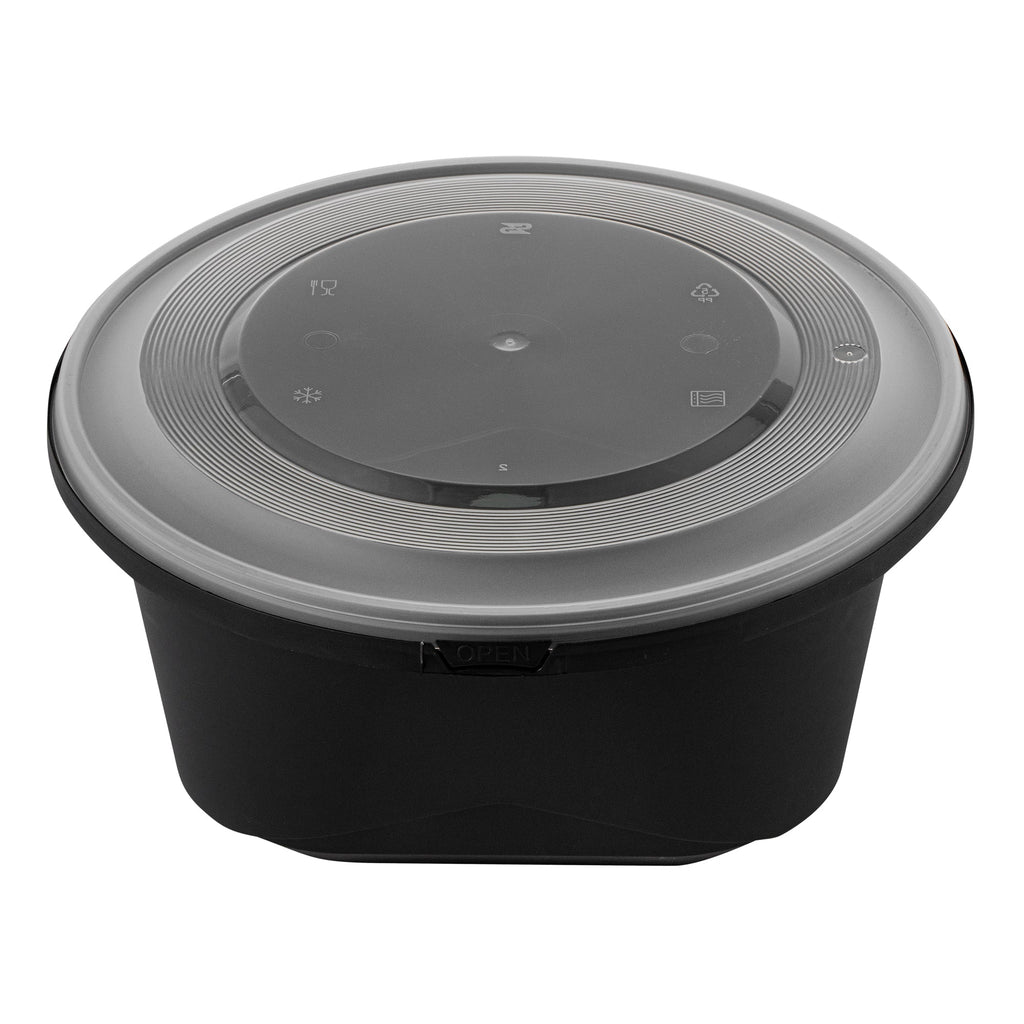 Cater Tek 118 oz Round Black Plastic Catering / Serving Bowl - with Clear Lid, Microwavable - 9 3/4" x 9 3/4" x 4 3/4" - 25 count box