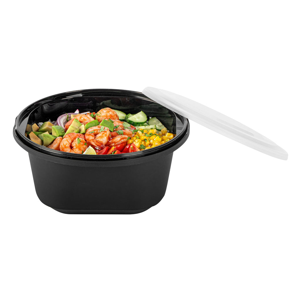 Cater Tek 118 oz Round Black Plastic Catering / Serving Bowl - with Clear Lid, Microwavable - 9 3/4" x 9 3/4" x 4 3/4" - 25 count box