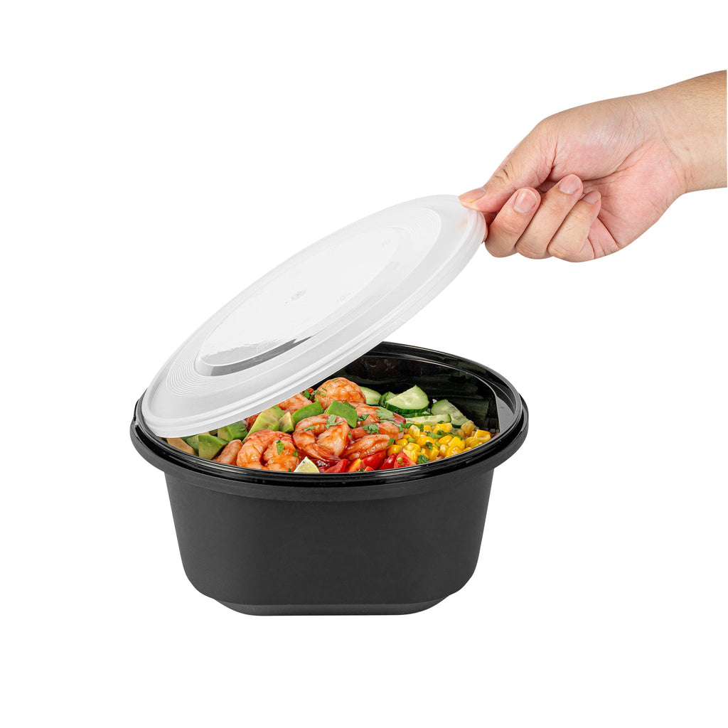 Cater Tek 118 oz Round Black Plastic Catering / Serving Bowl - with Clear Lid, Microwavable - 9 3/4" x 9 3/4" x 4 3/4" - 25 count box