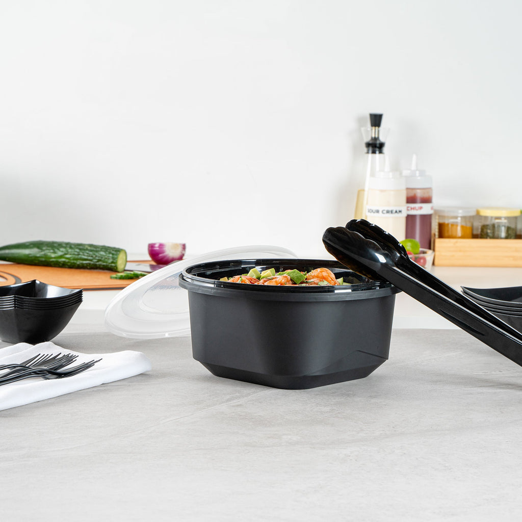 Cater Tek 118 oz Round Black Plastic Catering / Serving Bowl - with Clear Lid, Microwavable - 9 3/4" x 9 3/4" x 4 3/4" - 25 count box