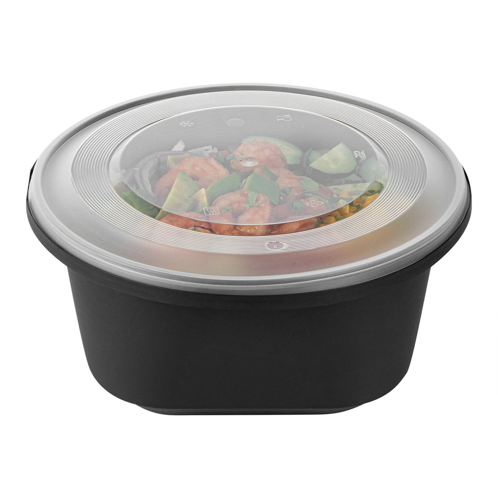 Cater Tek 118 oz Round Black Plastic Catering / Serving Bowl - with Clear Lid, Microwavable - 9 3/4" x 9 3/4" x 4 3/4" - 100 count box