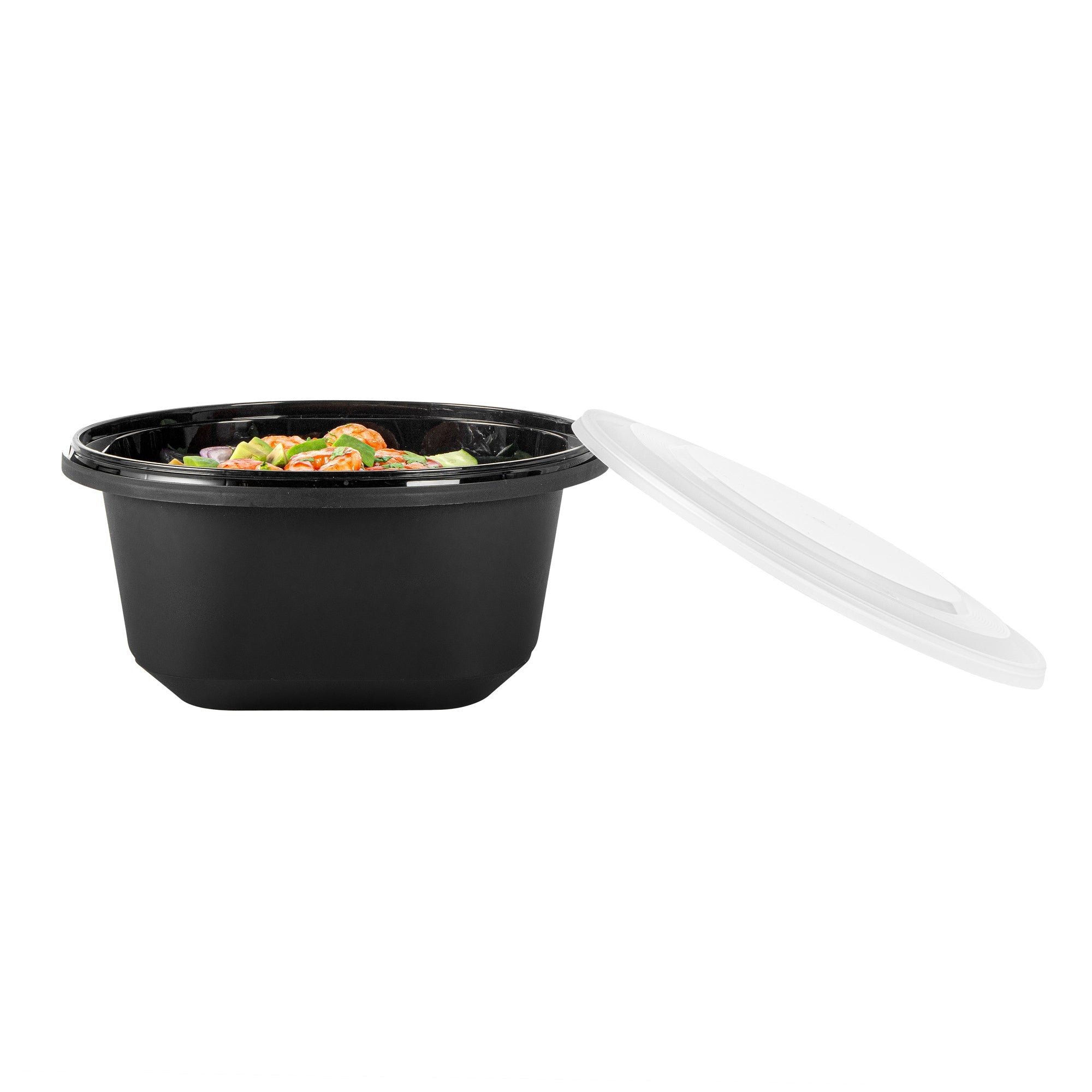 Cater Tek 118 oz Round Black Plastic Catering / Serving Bowl - with Clear Lid, Microwavable - 9 3/4" x 9 3/4" x 4 3/4" - 100 count box