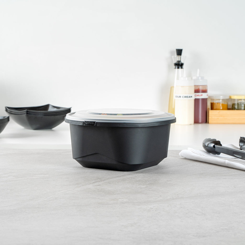 Cater Tek 118 oz Round Black Plastic Catering / Serving Bowl - with Clear Lid, Microwavable - 9 3/4" x 9 3/4" x 4 3/4" - 100 count box