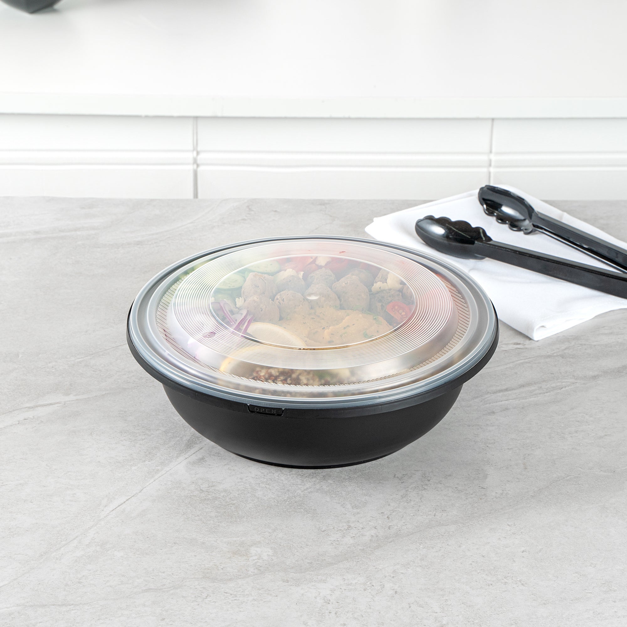 Cater Tek 142 oz Round Black Plastic Catering / Serving Bowl - with Clear Lid, Microwavable - 11 3/4" x 11 3/4" x 4" - 25 count box