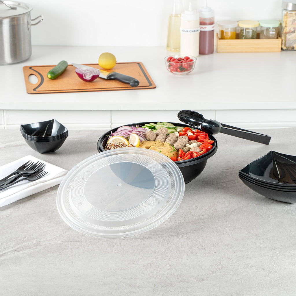 Cater Tek 142 oz Round Black Plastic Catering / Serving Bowl - with Clear Lid, Microwavable - 11 3/4" x 11 3/4" x 4" - 50 count box
