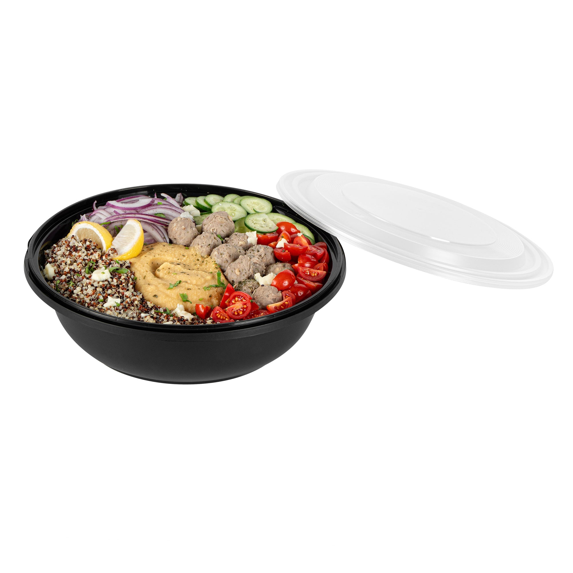 Cater Tek 142 oz Round Black Plastic Catering / Serving Bowl - with Clear Lid, Microwavable - 11 3/4" x 11 3/4" x 4" - 50 count box