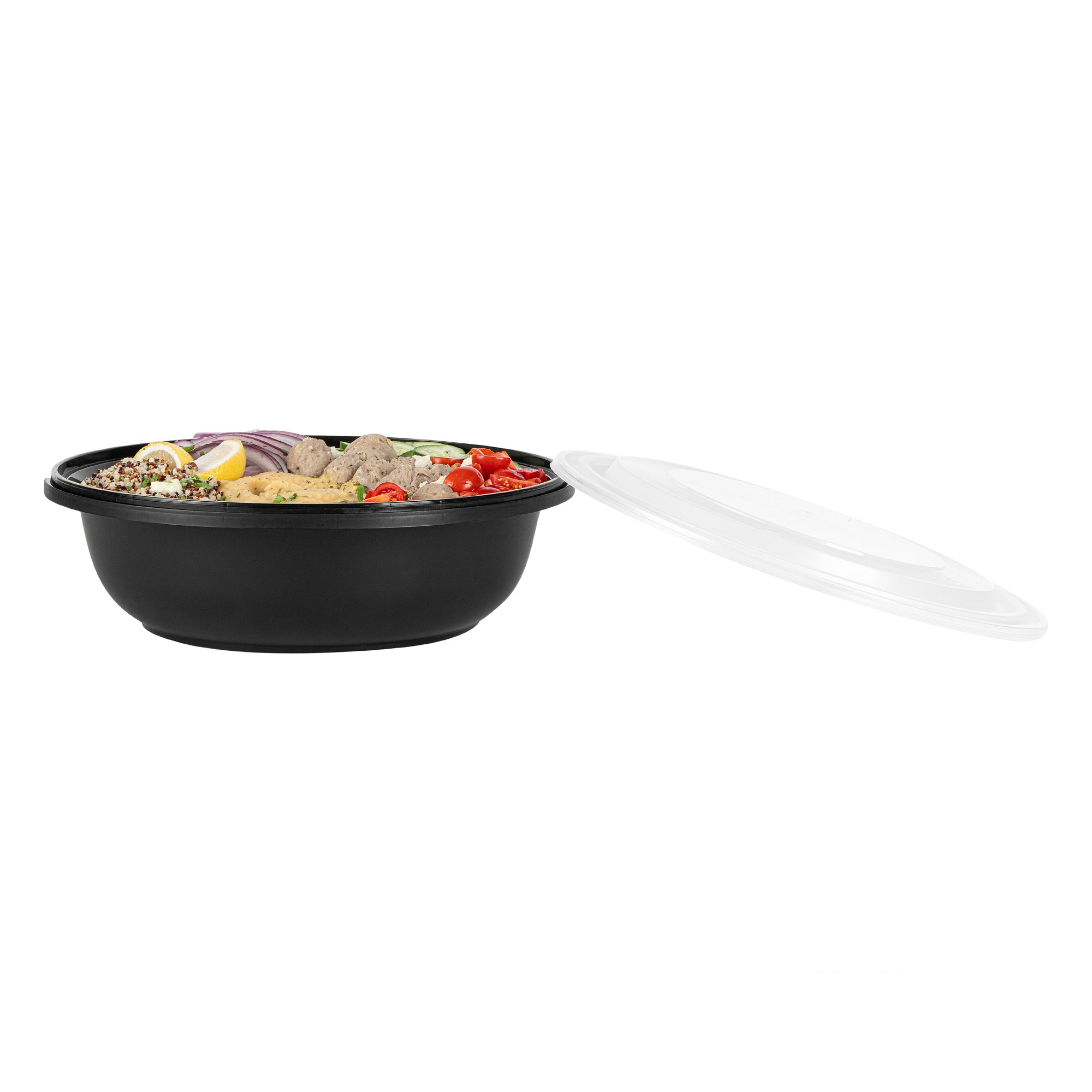 Cater Tek 142 oz Round Black Plastic Catering / Serving Bowl - with Clear Lid, Microwavable - 11 3/4" x 11 3/4" x 4" - 50 count box