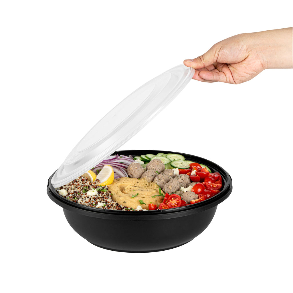 Cater Tek 142 oz Round Black Plastic Catering / Serving Bowl - with Clear Lid, Microwavable - 11 3/4" x 11 3/4" x 4" - 50 count box